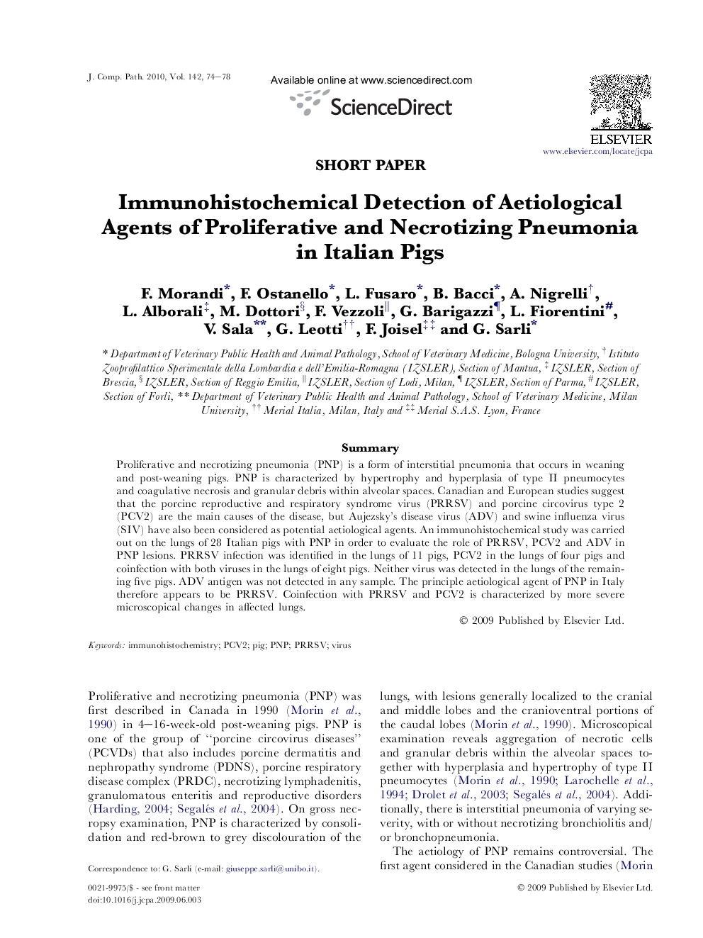 Immunohistochemical Detection of Aetiological Agents of Proliferative and Necrotizing Pneumonia in Italian Pigs