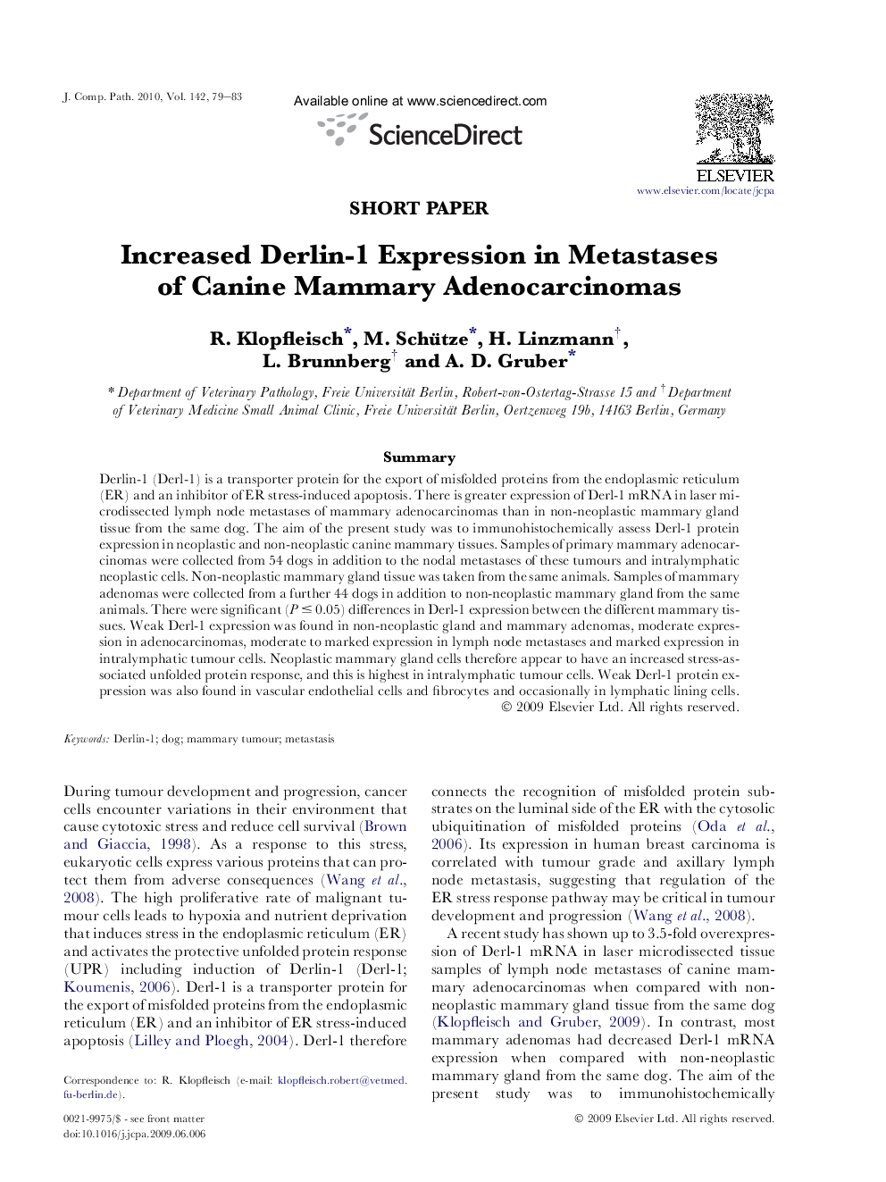 Increased Derlin-1 Expression in Metastases of Canine Mammary Adenocarcinomas