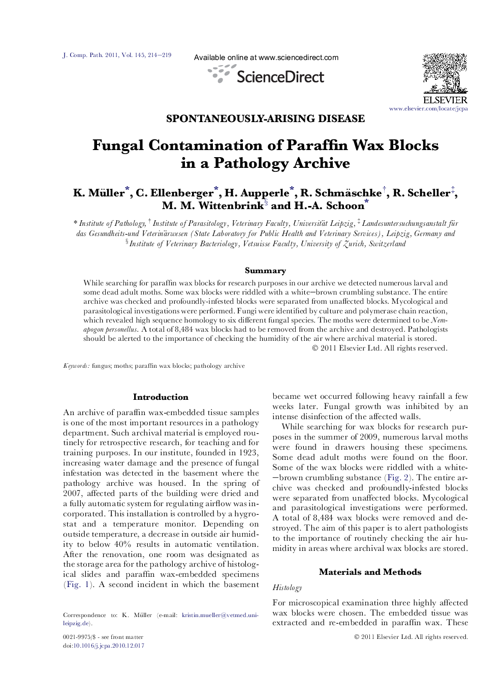 Fungal Contamination of Paraffin Wax Blocks in a Pathology Archive