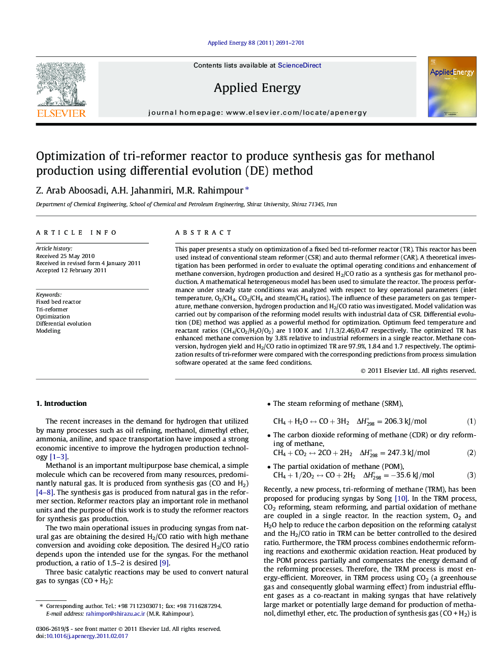 Optimization of tri-reformer reactor to produce synthesis gas for methanol production using differential evolution (DE) method