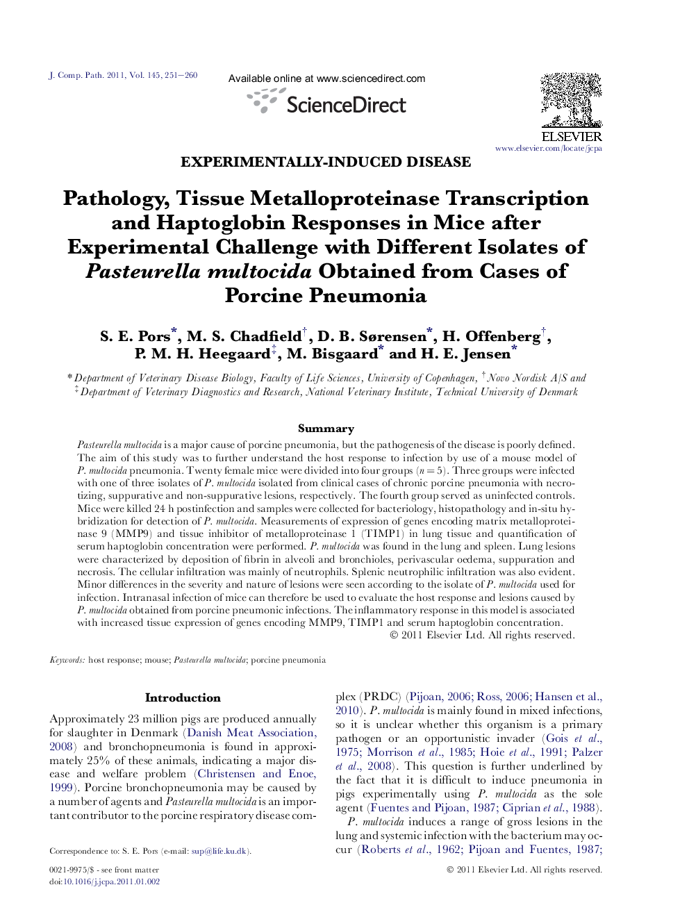 Pathology, Tissue Metalloproteinase Transcription and Haptoglobin Responses in Mice after Experimental Challenge with Different Isolates of Pasteurella multocida Obtained from Cases of Porcine Pneumonia