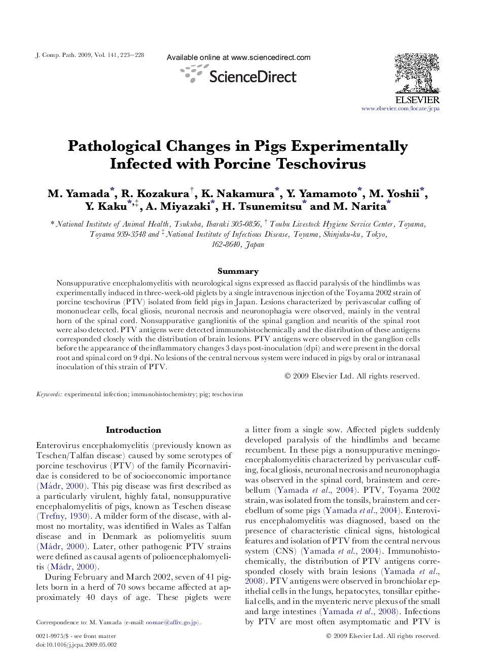 Pathological Changes in Pigs Experimentally Infected with Porcine Teschovirus