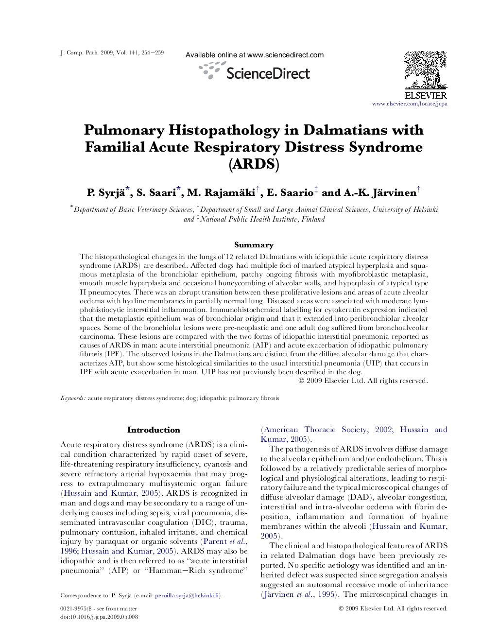 Pulmonary Histopathology in Dalmatians with Familial Acute Respiratory Distress Syndrome (ARDS)