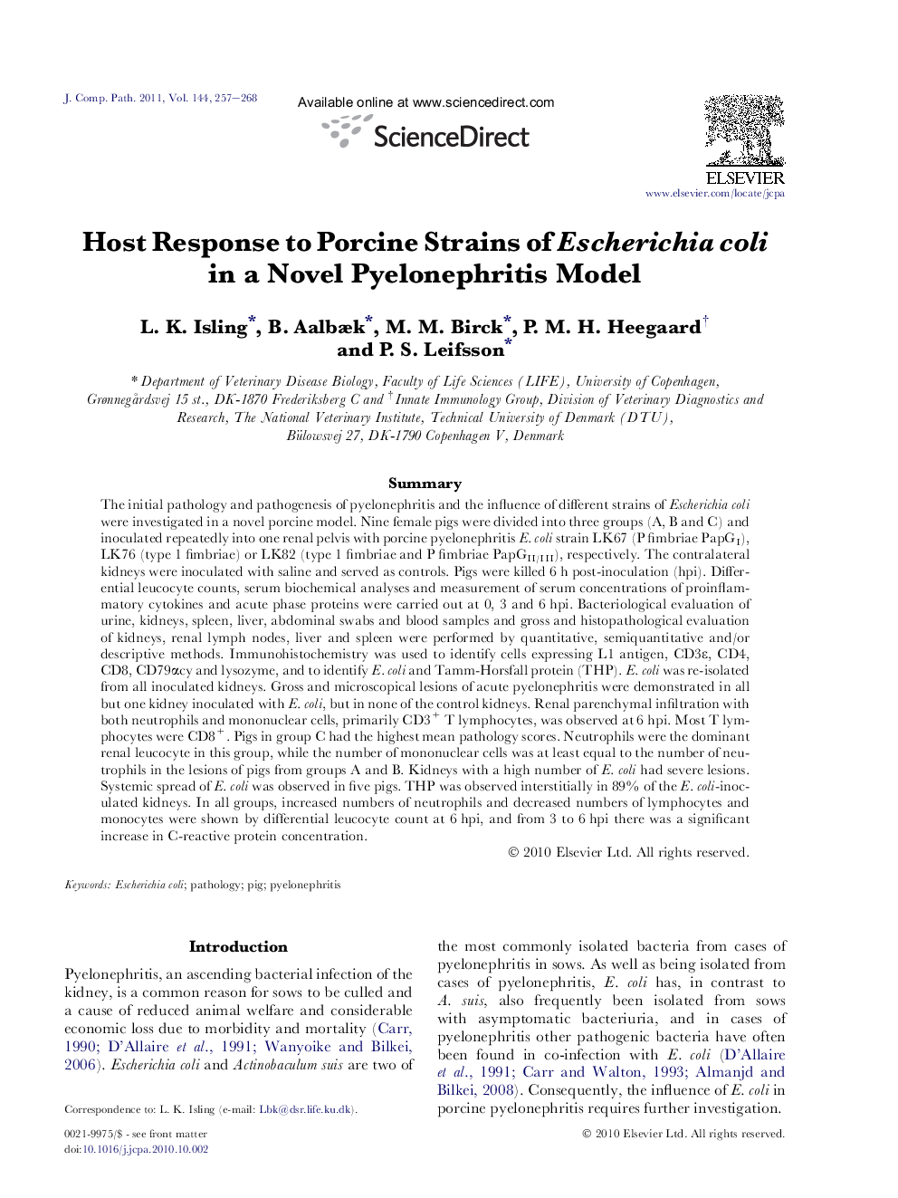 Host Response to Porcine Strains of Escherichia coli in a Novel Pyelonephritis Model