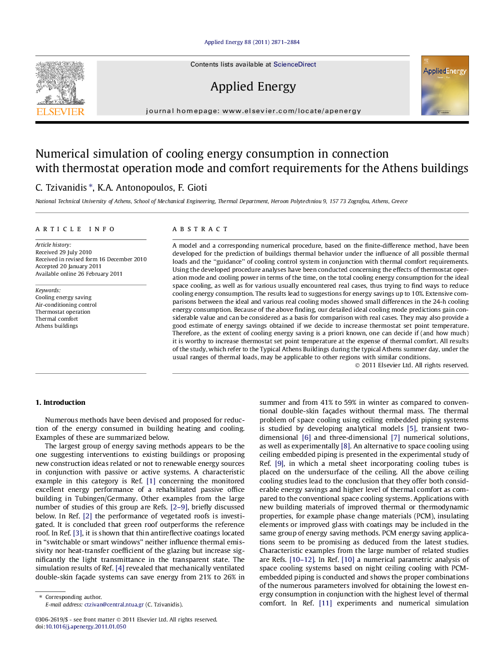 Numerical simulation of cooling energy consumption in connection with thermostat operation mode and comfort requirements for the Athens buildings