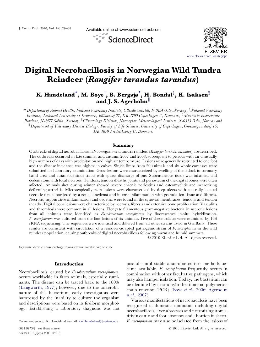 Digital Necrobacillosis in Norwegian Wild Tundra Reindeer (Rangifer tarandus tarandus)