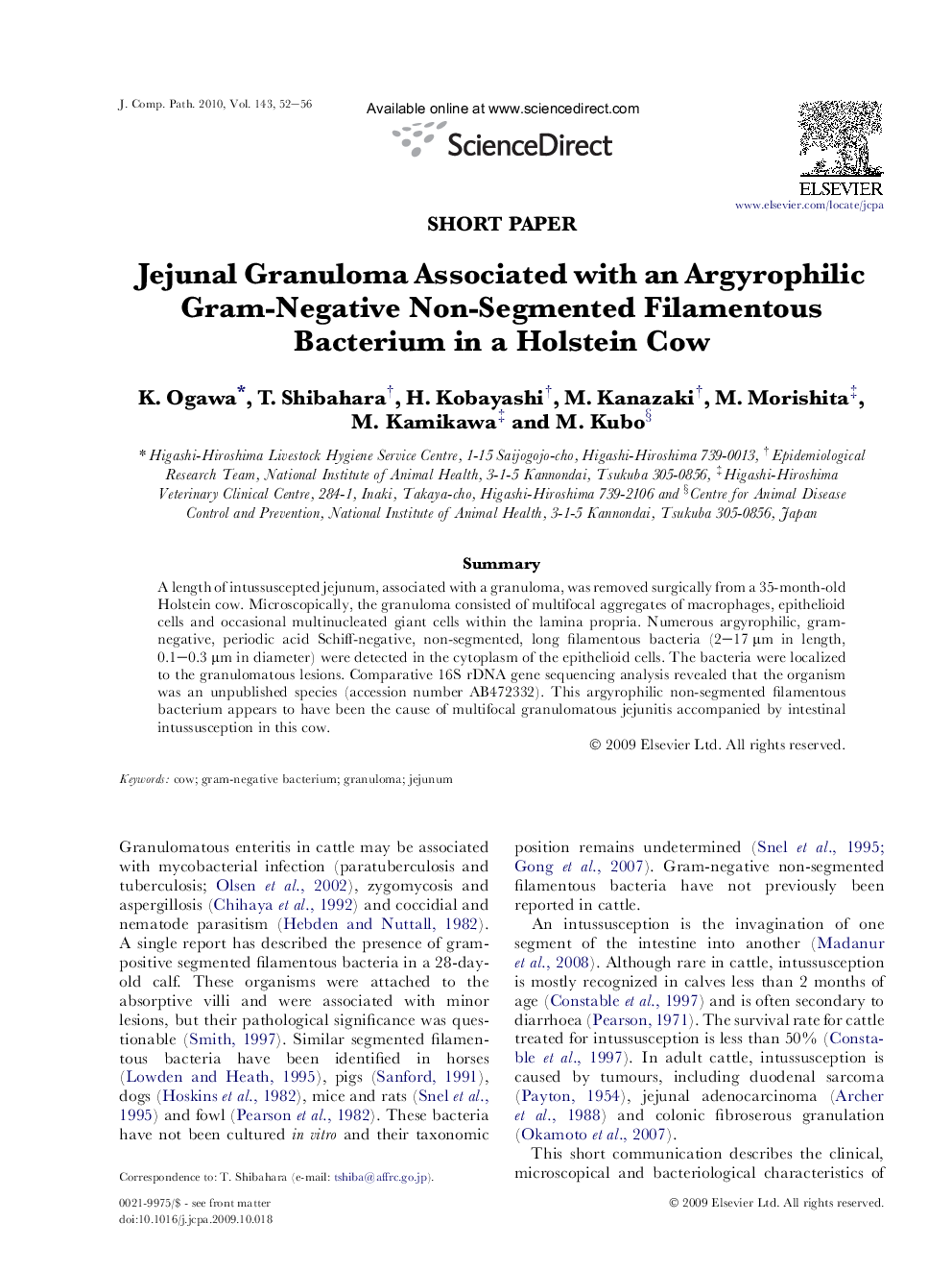 Jejunal Granuloma Associated with an Argyrophilic Gram-Negative Non-Segmented Filamentous Bacterium in a Holstein Cow