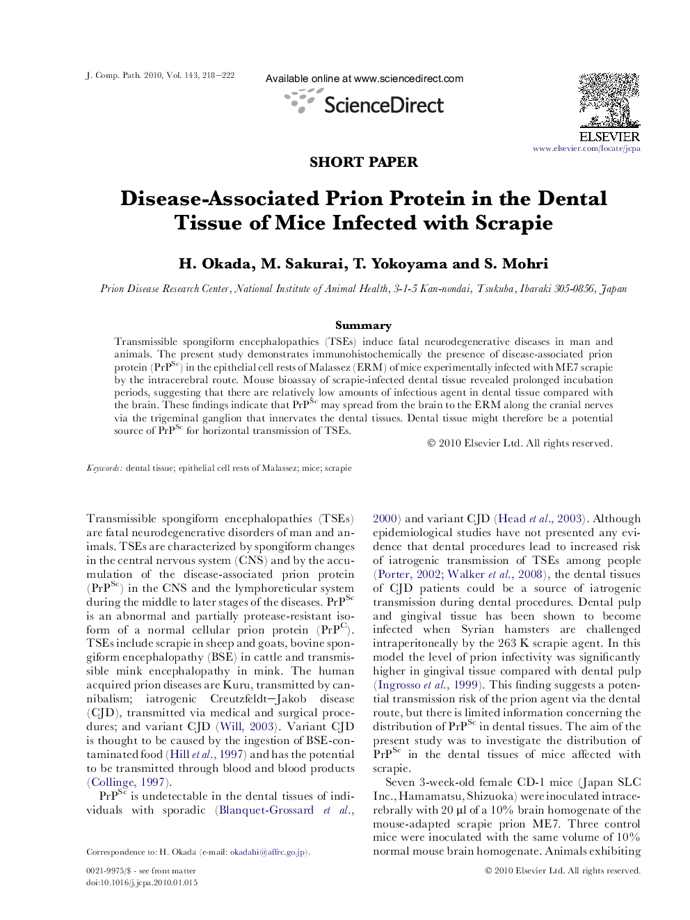 Disease-Associated Prion Protein in the Dental Tissue of Mice Infected with Scrapie