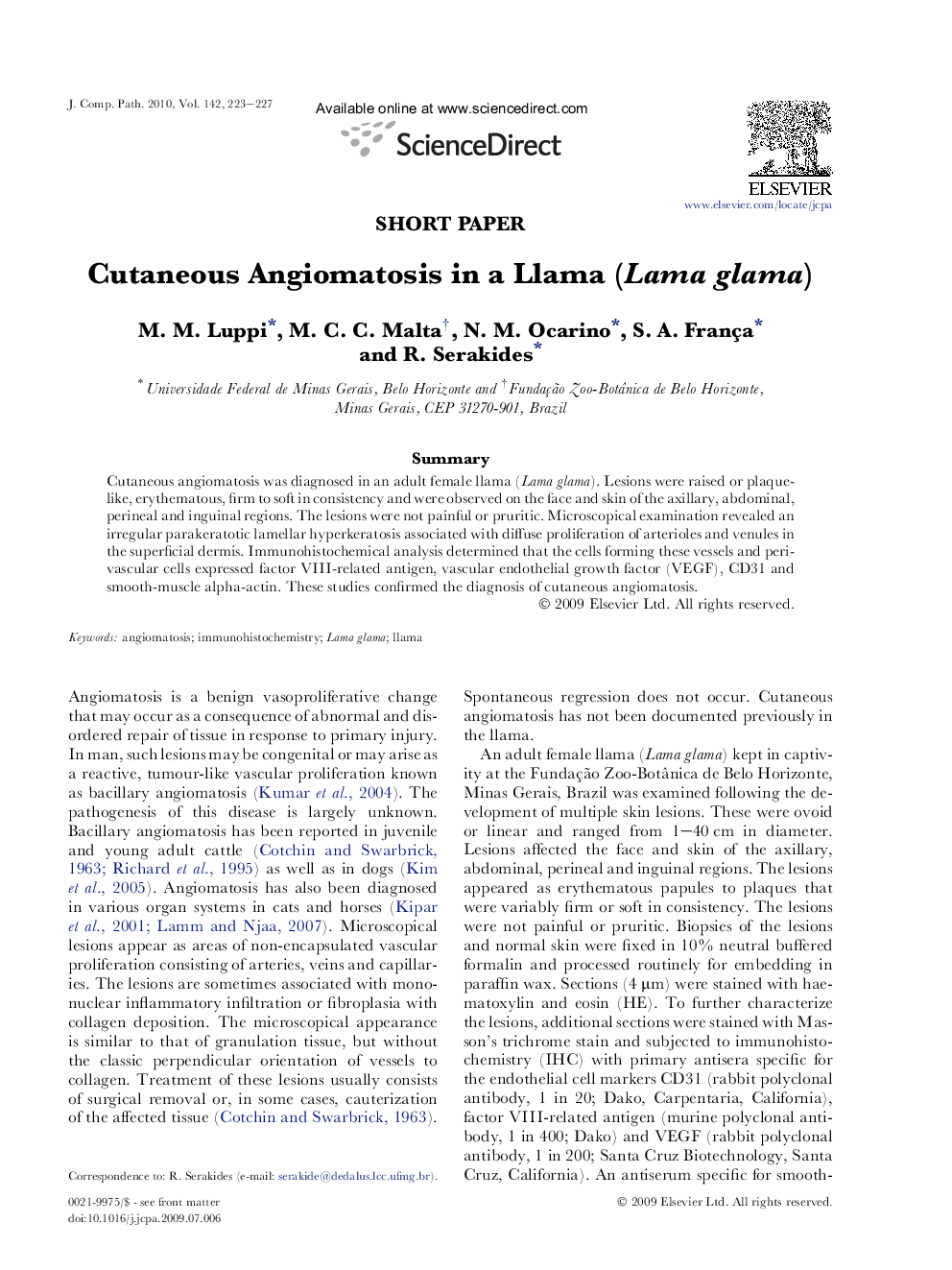 Cutaneous Angiomatosis in a Llama (Lama glama)