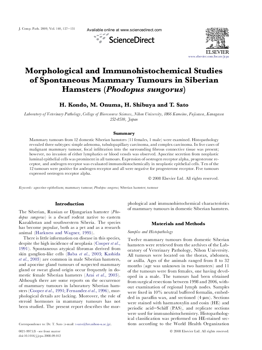 Morphological and Immunohistochemical Studies of Spontaneous Mammary Tumours in Siberian Hamsters (Phodopus sungorus)