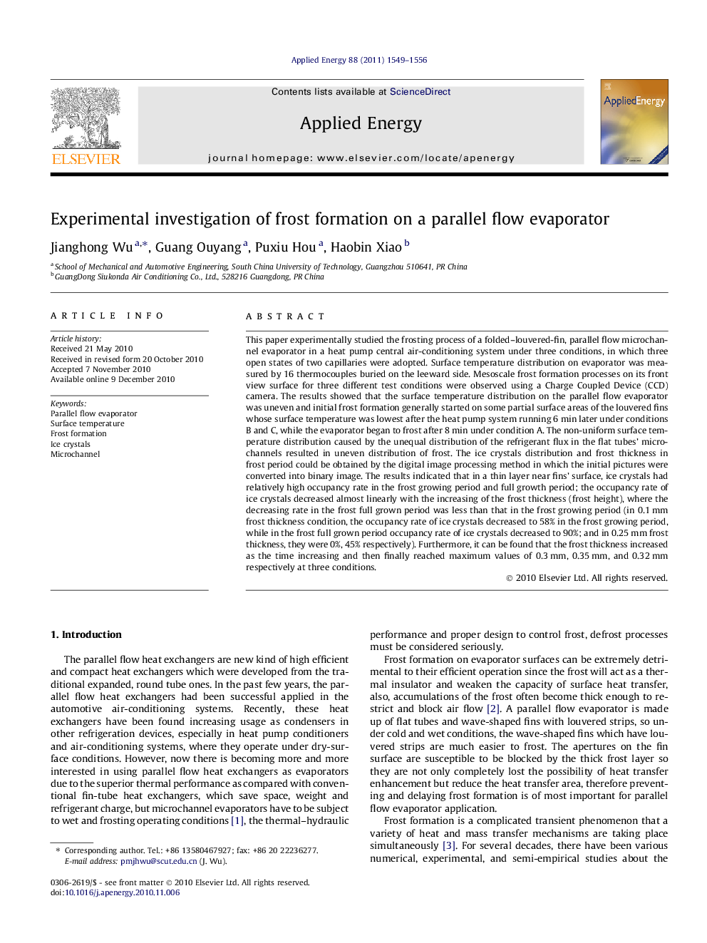 Experimental investigation of frost formation on a parallel flow evaporator