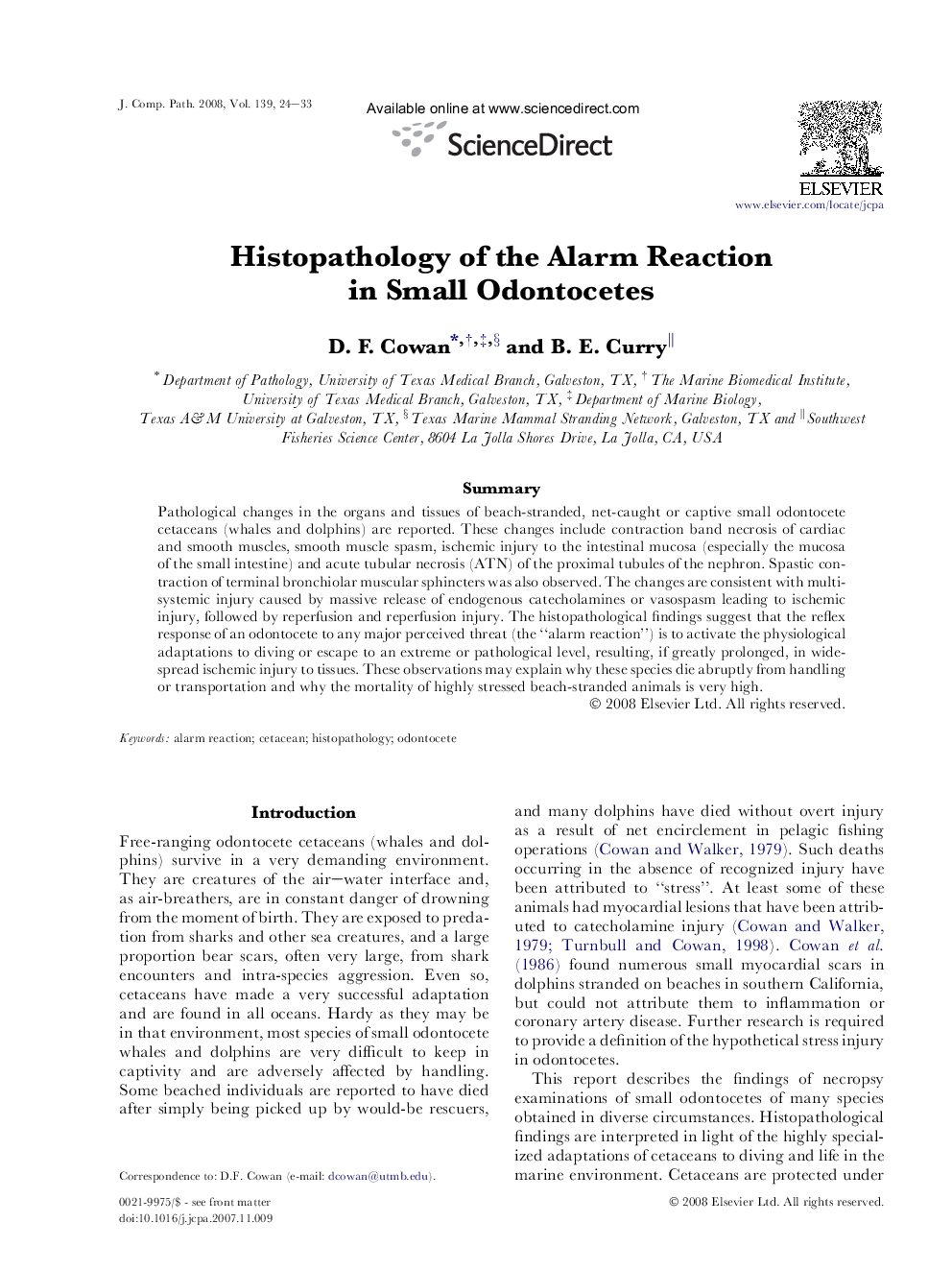 Histopathology of the Alarm Reaction in Small Odontocetes