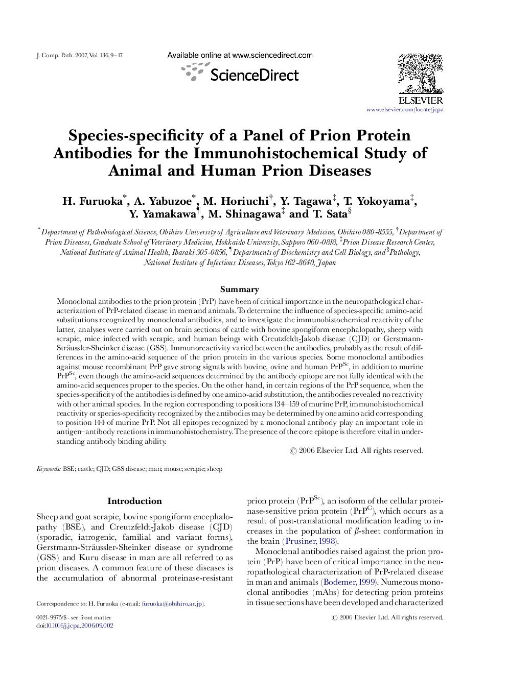 Species-specificity of a Panel of Prion Protein Antibodies for the Immunohistochemical Study of Animal and Human Prion Diseases