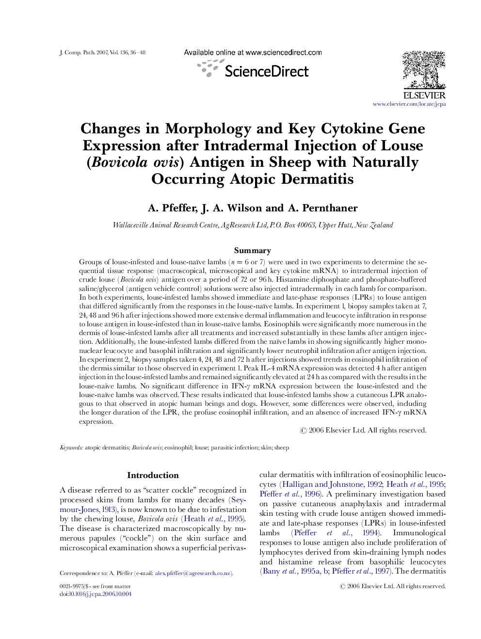 Changes in Morphology and Key Cytokine Gene Expression after Intradermal Injection of Louse (Bovicola ovis) Antigen in Sheep with Naturally Occurring Atopic Dermatitis