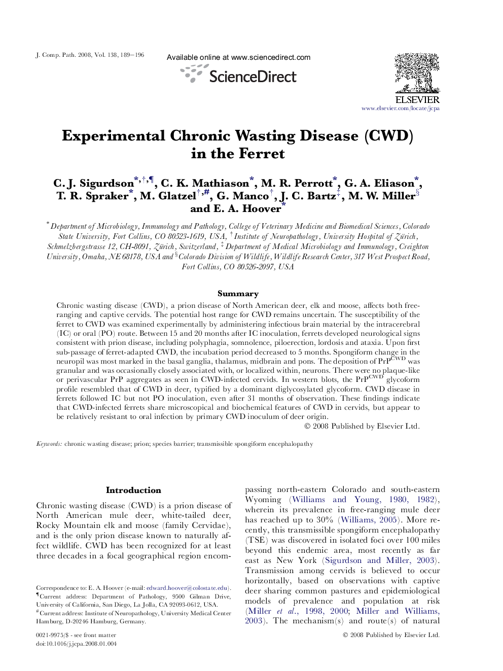 Experimental Chronic Wasting Disease (CWD) in the Ferret