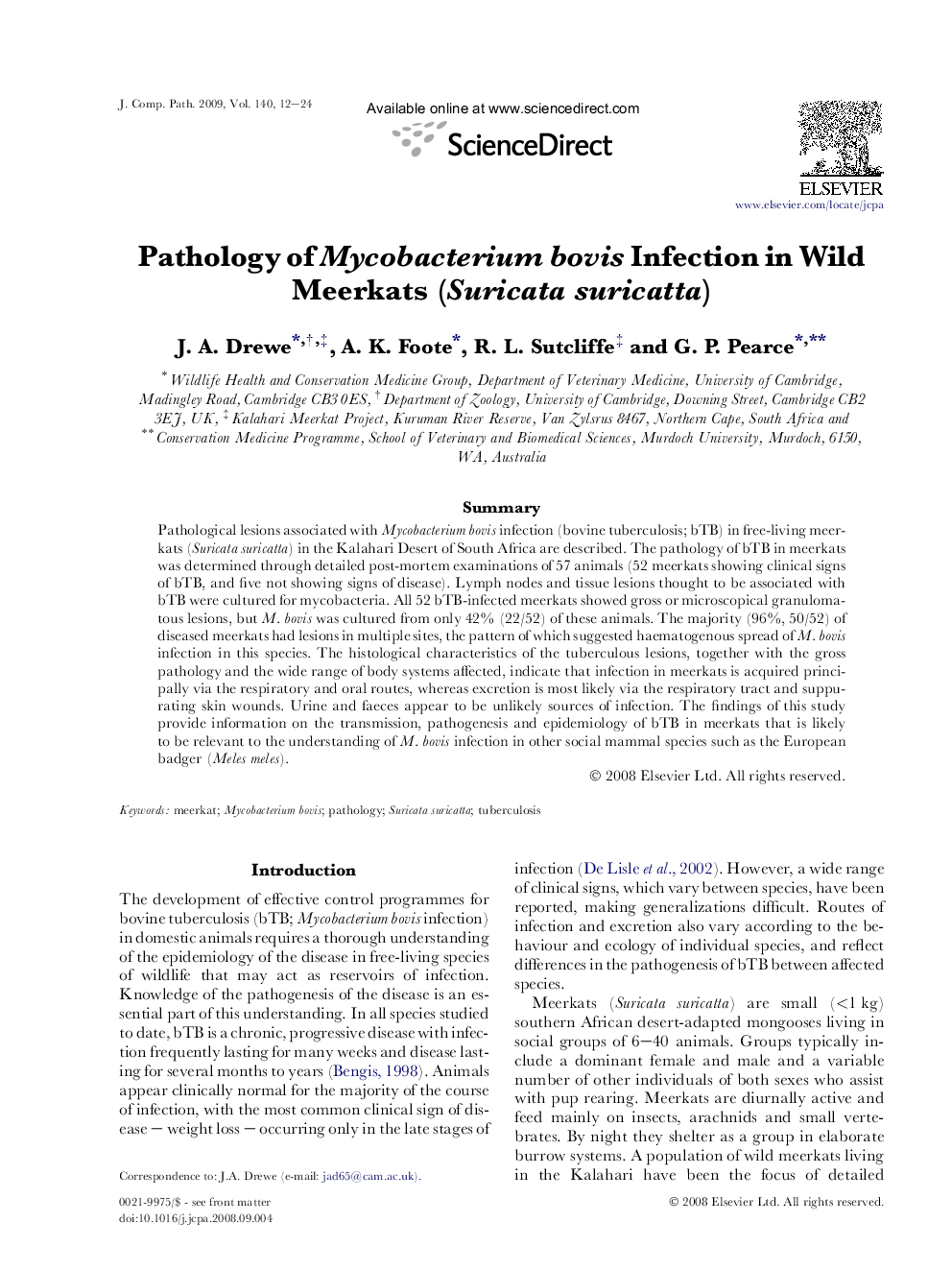 Pathology of Mycobacterium bovis Infection in Wild Meerkats (Suricata suricatta)