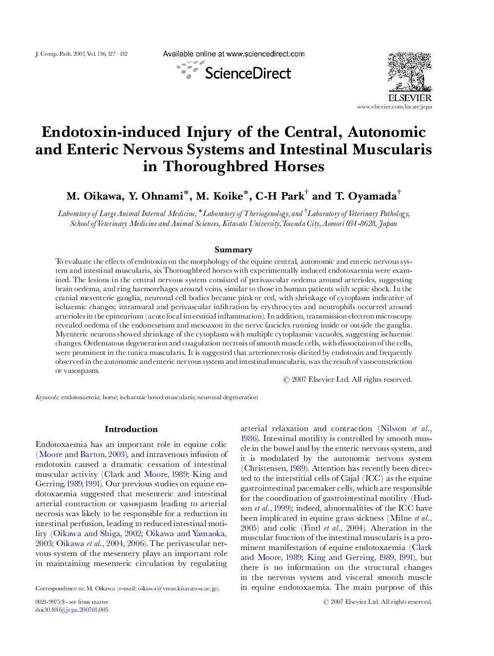 Endotoxin-induced Injury of the Central, Autonomic and Enteric Nervous Systems and Intestinal Muscularis in Thoroughbred Horses