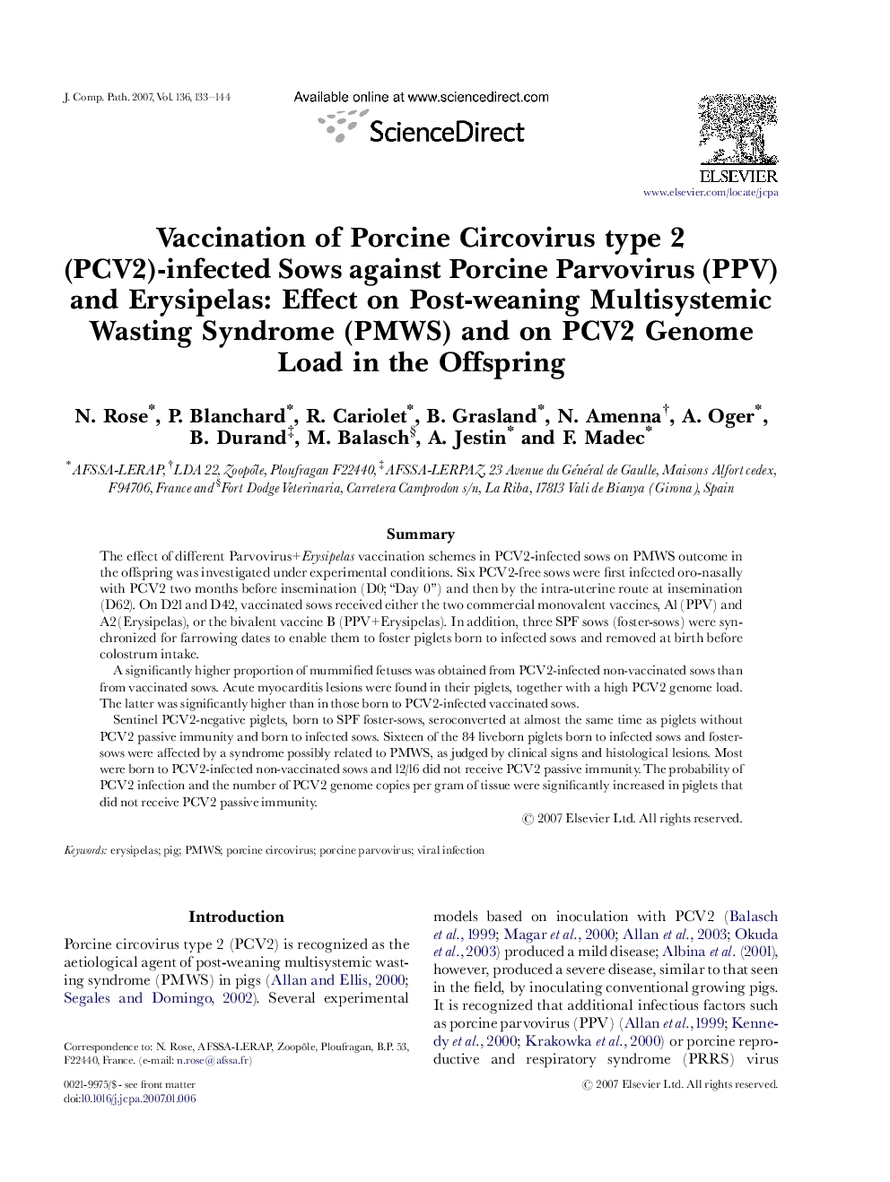 Vaccination of Porcine Circovirus type 2 (PCV2)-infected Sows against Porcine Parvovirus (PPV) and Erysipelas: Effect on Post-weaning Multisystemic Wasting Syndrome (PMWS) and on PCV2 Genome Load in the Offspring