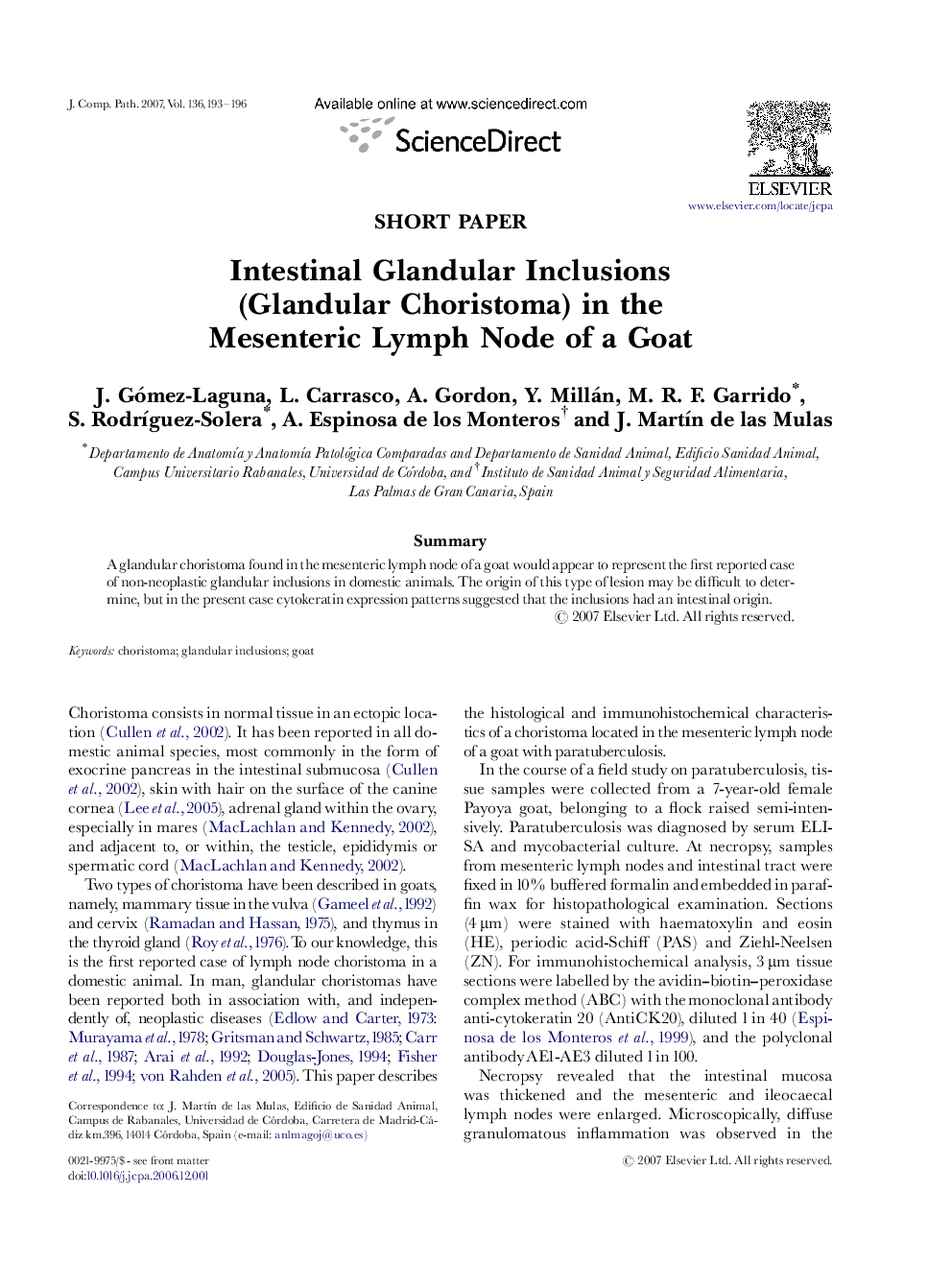 Intestinal Glandular Inclusions (Glandular Choristoma) in the Mesenteric Lymph Node of a Goat