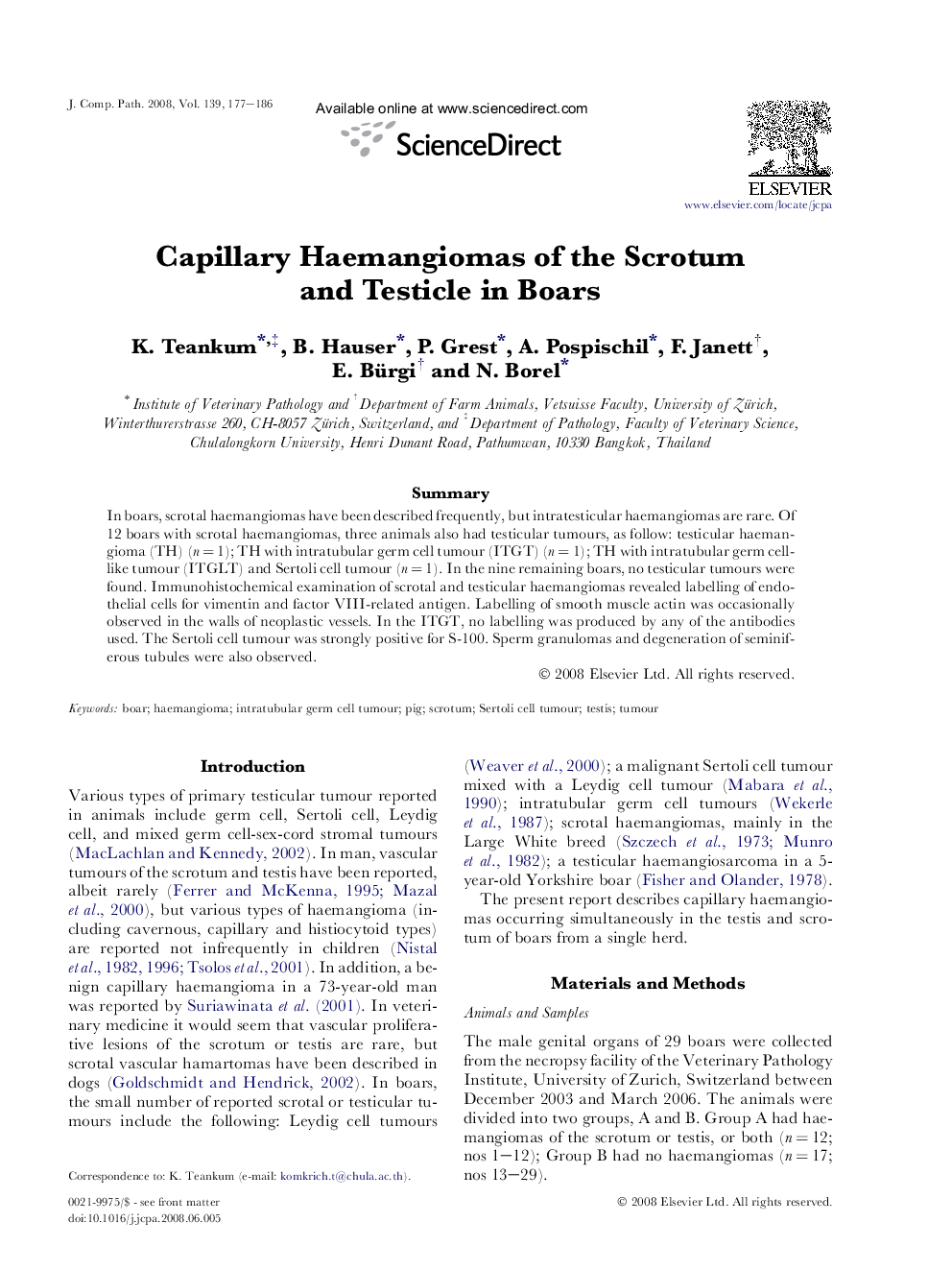 Capillary Haemangiomas of the Scrotum and Testicle in Boars