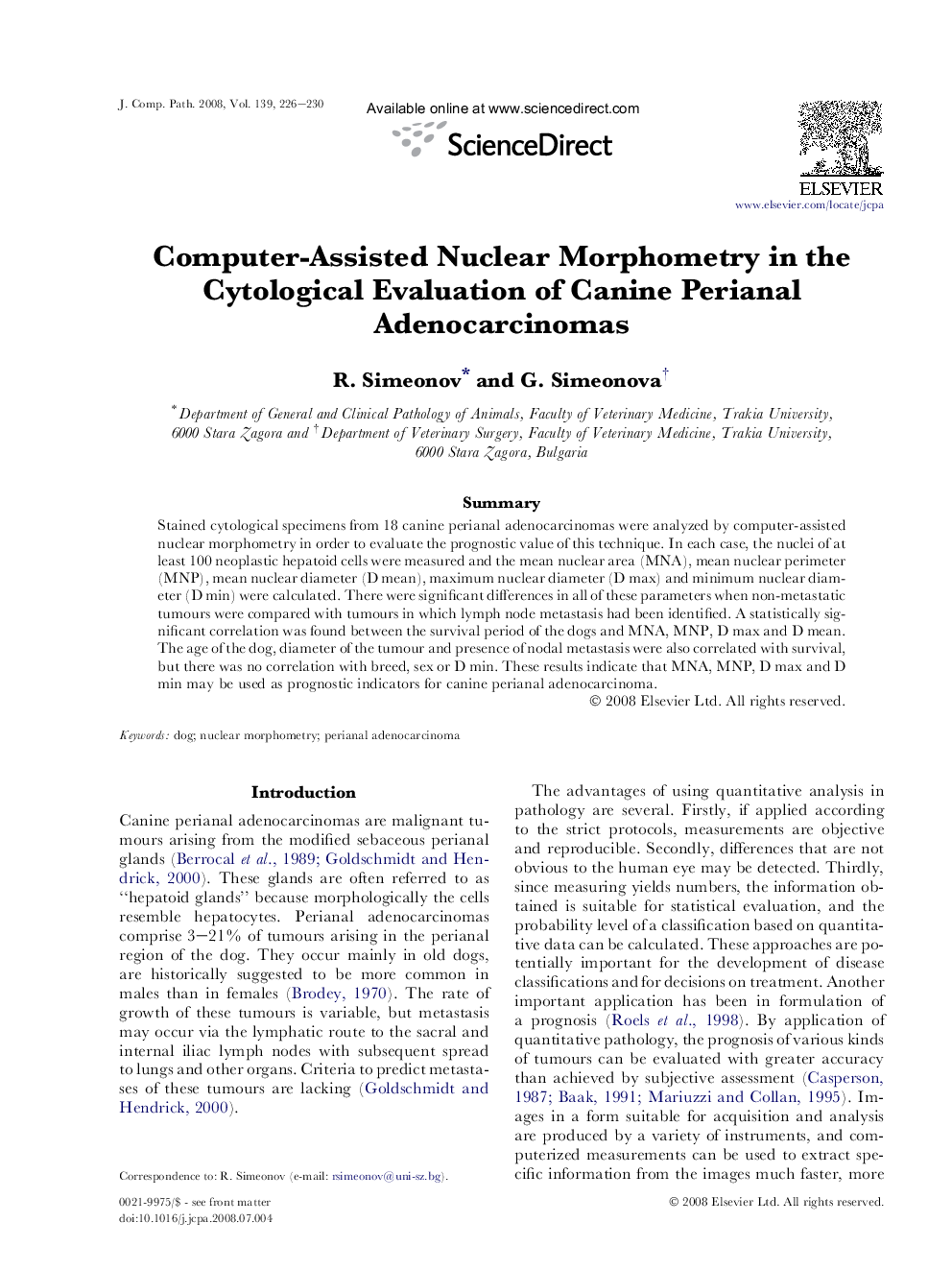 Computer-Assisted Nuclear Morphometry in the Cytological Evaluation of Canine Perianal Adenocarcinomas