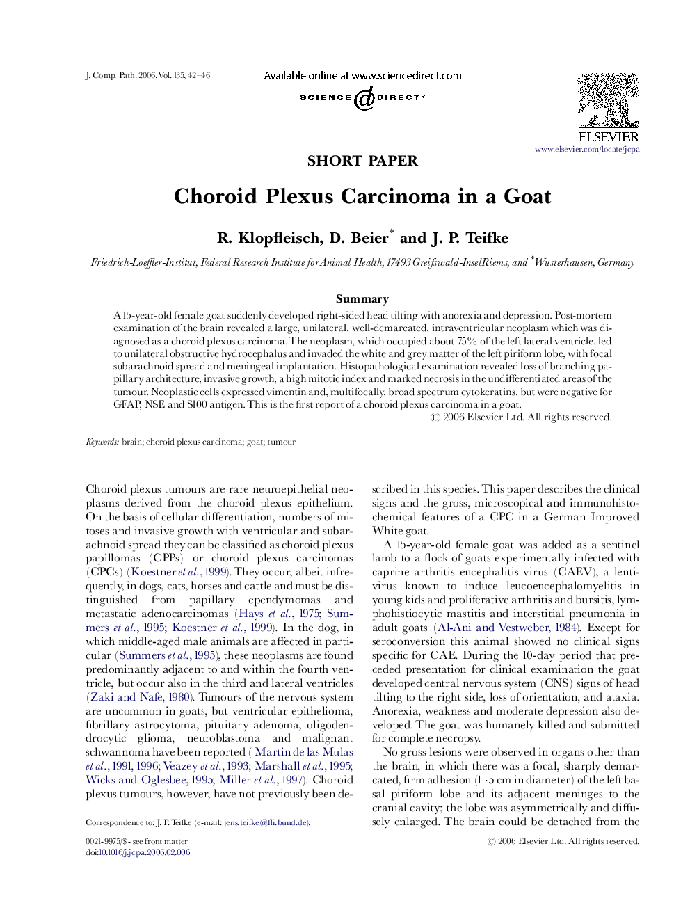 Choroid Plexus Carcinoma in a Goat