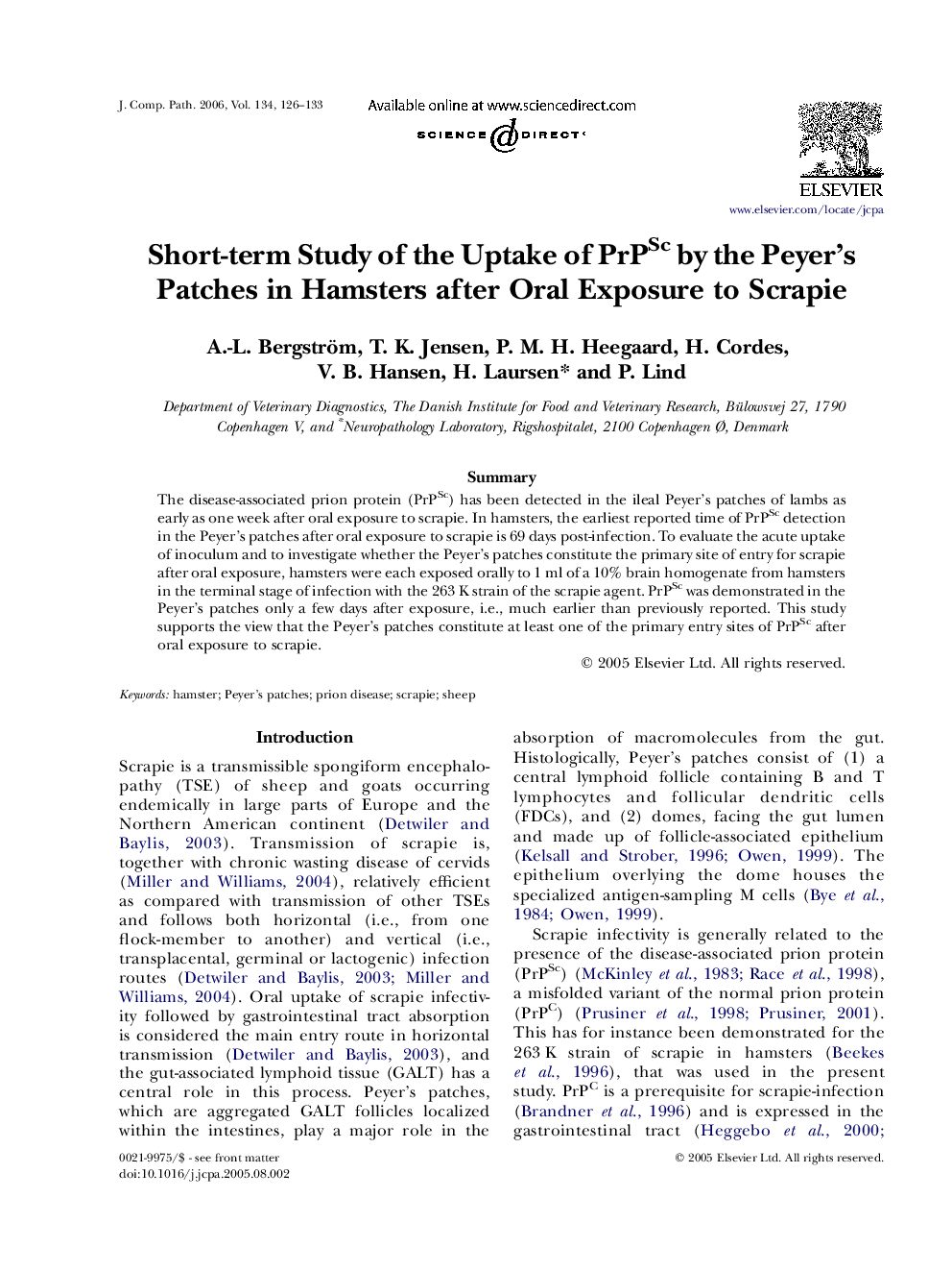 Short-term Study of the Uptake of PrPSc by the Peyer's Patches in Hamsters after Oral Exposure to Scrapie