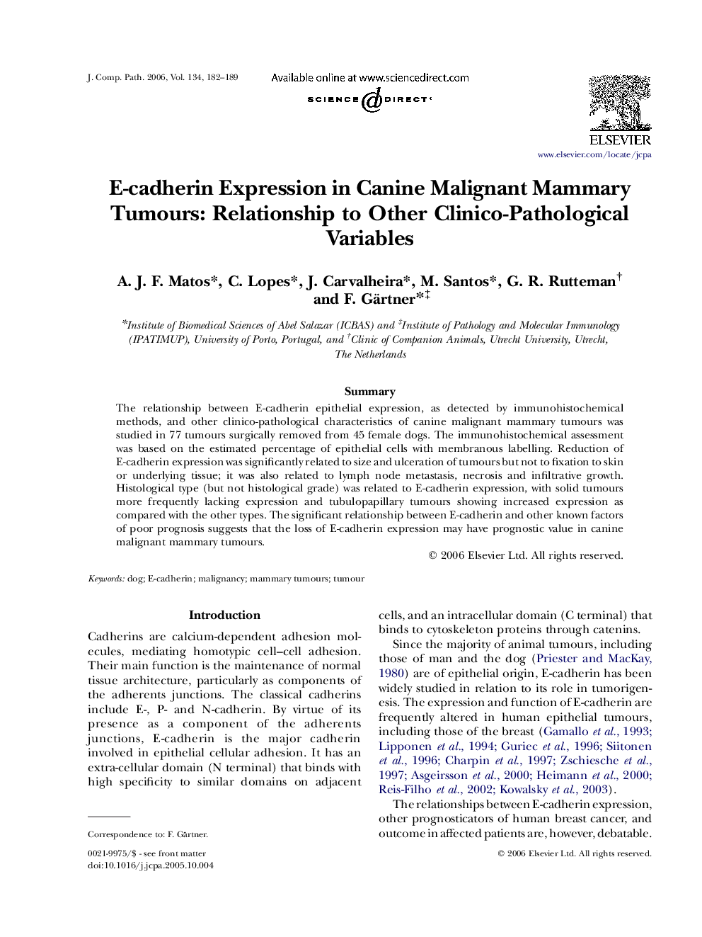 E-cadherin Expression in Canine Malignant Mammary Tumours: Relationship to Other Clinico-Pathological Variables