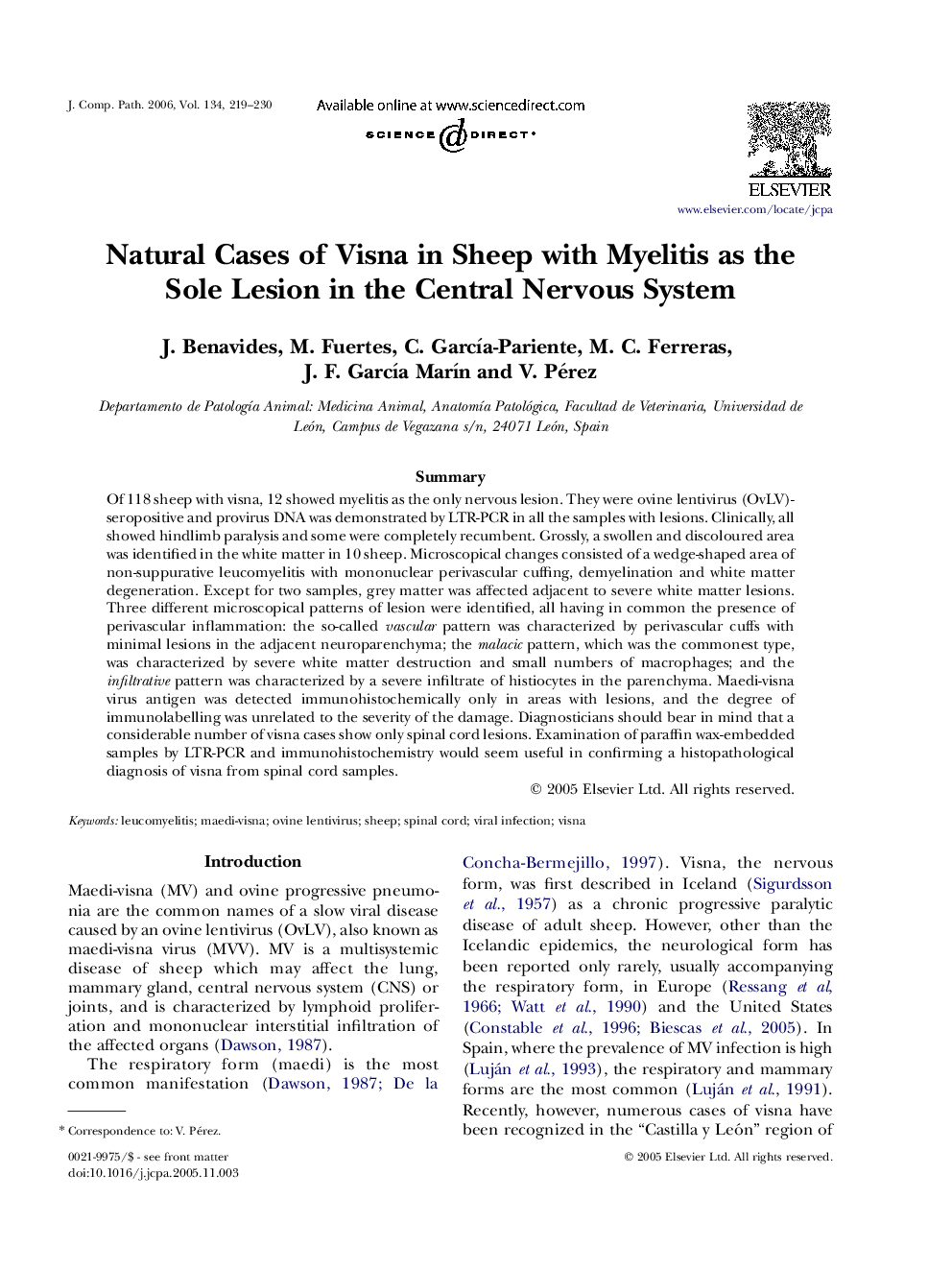 Natural Cases of Visna in Sheep with Myelitis as the Sole Lesion in the Central Nervous System