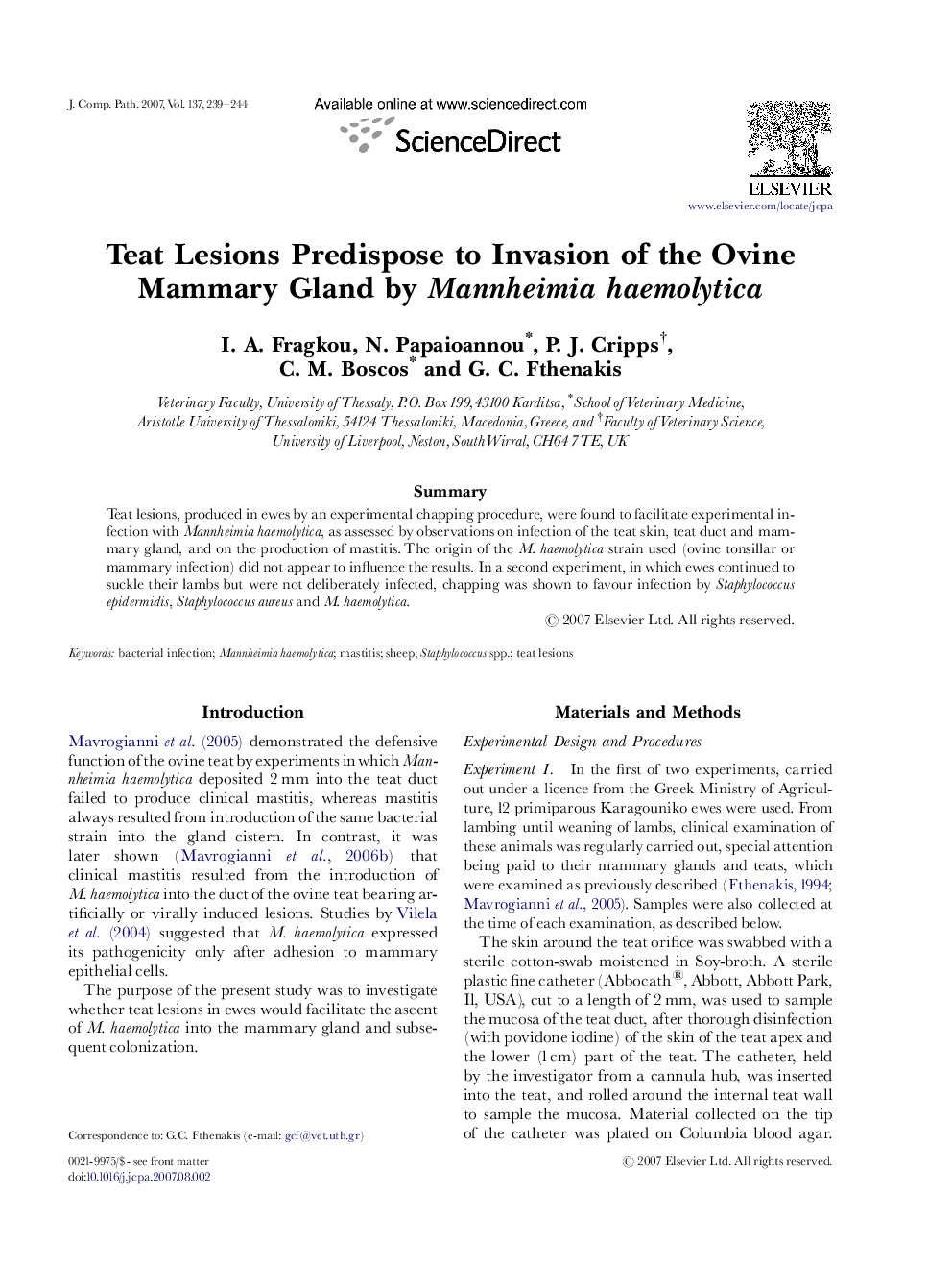 Teat Lesions Predispose to Invasion of the Ovine Mammary Gland by Mannheimia haemolytica