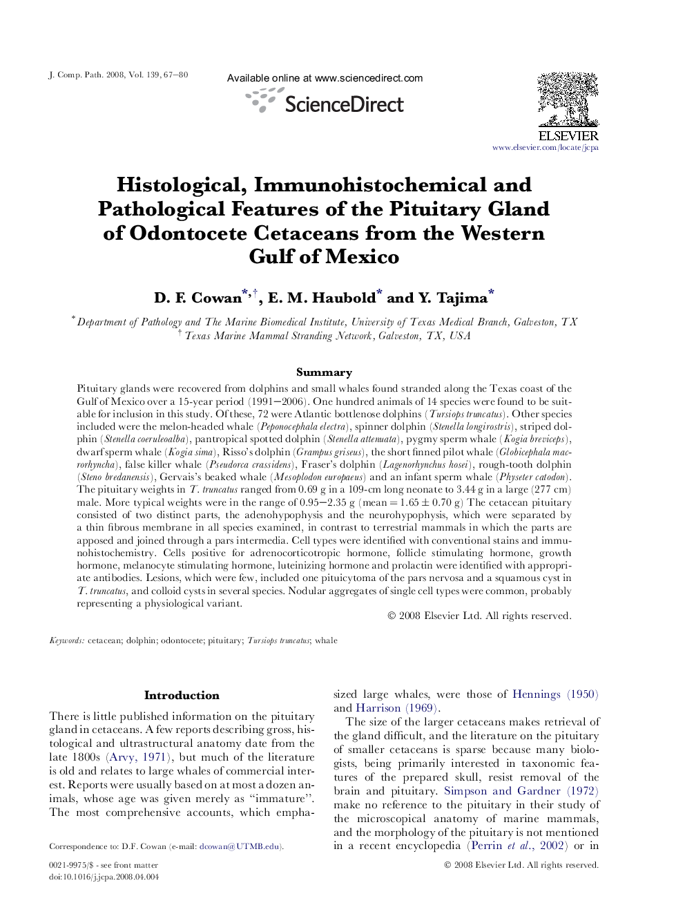 Histological, Immunohistochemical and Pathological Features of the Pituitary Gland of Odontocete Cetaceans from the Western Gulf of Mexico