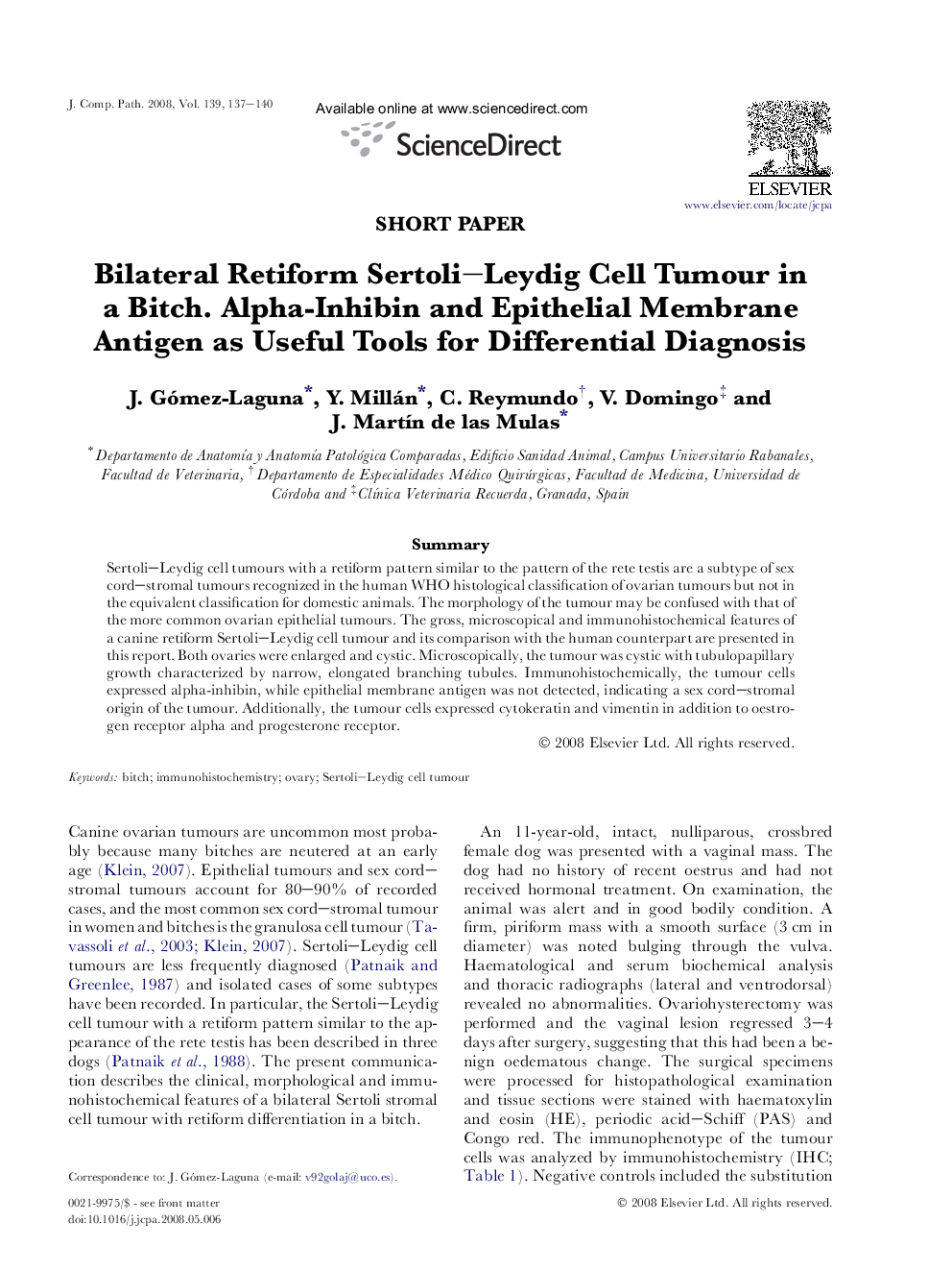 Bilateral Retiform Sertoli–Leydig Cell Tumour in a Bitch. Alpha-Inhibin and Epithelial Membrane Antigen as Useful Tools for Differential Diagnosis