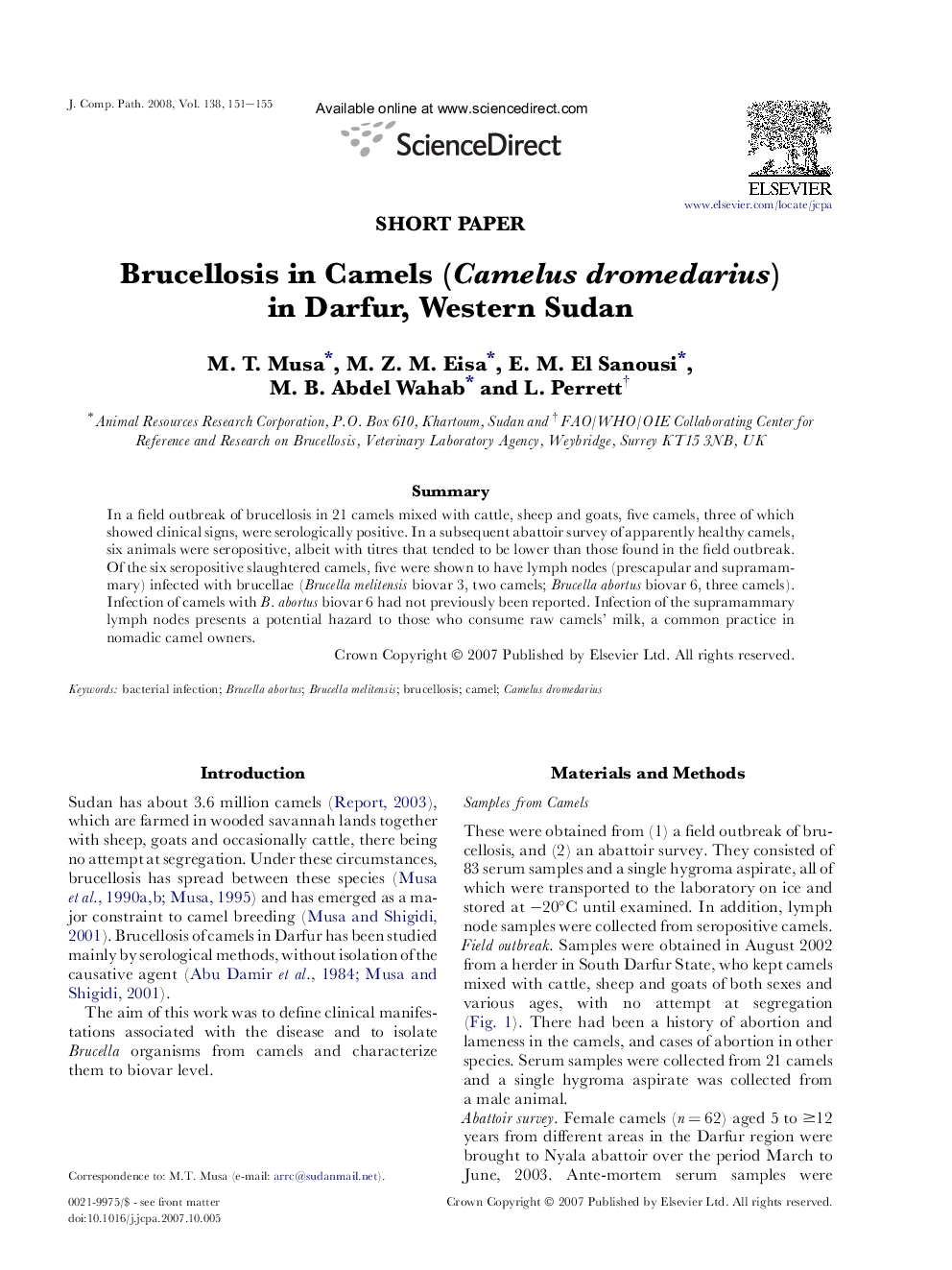 Brucellosis in Camels (Camelus dromedarius) in Darfur, Western Sudan