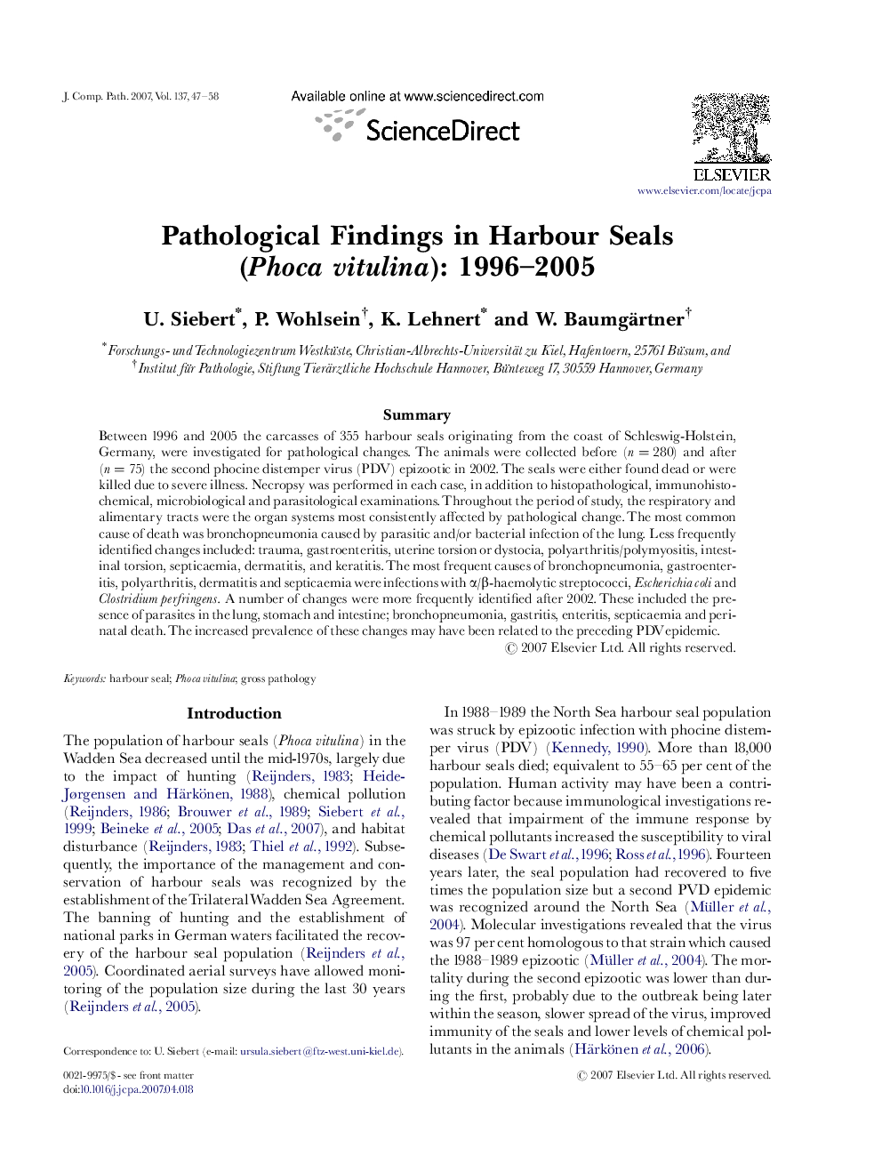 Pathological Findings in Harbour Seals (Phoca vitulina): 1996–2005