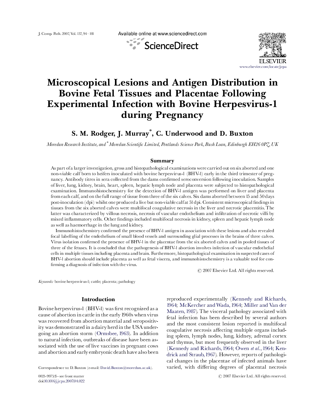 Microscopical Lesions and Antigen Distribution in Bovine Fetal Tissues and Placentae Following Experimental Infection with Bovine Herpesvirus-1 during Pregnancy