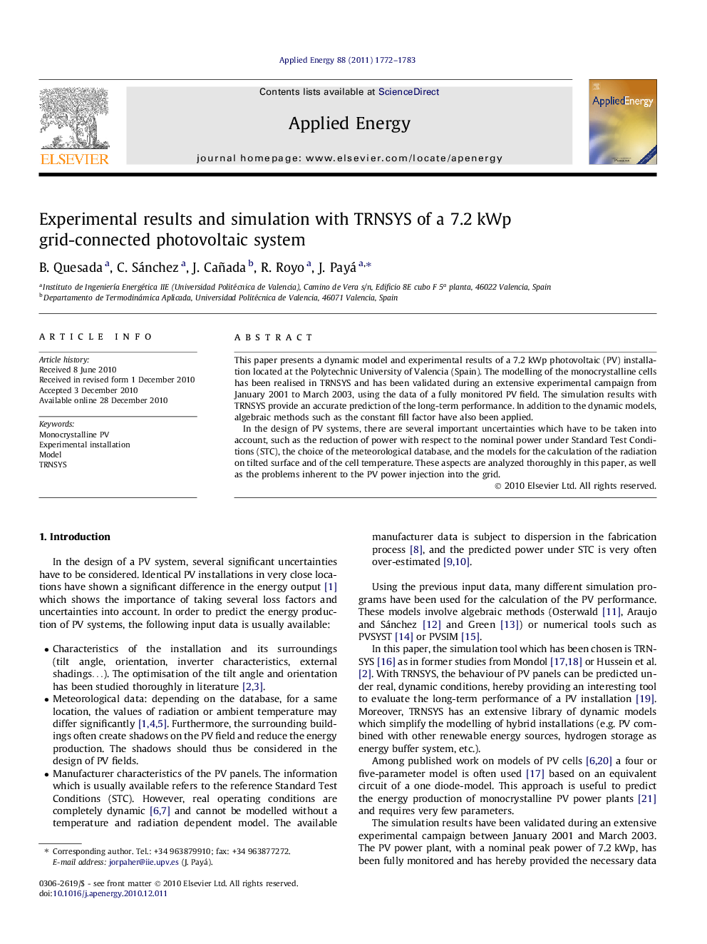 Experimental results and simulation with TRNSYS of a 7.2 kWp grid-connected photovoltaic system