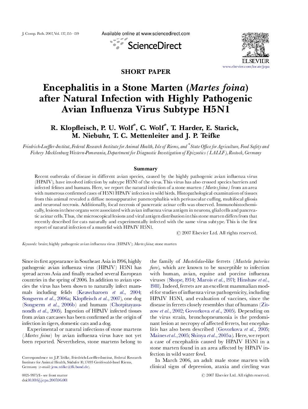 Encephalitis in a Stone Marten (Martes foina) after Natural Infection with Highly Pathogenic Avian Influenza Virus Subtype H5N1