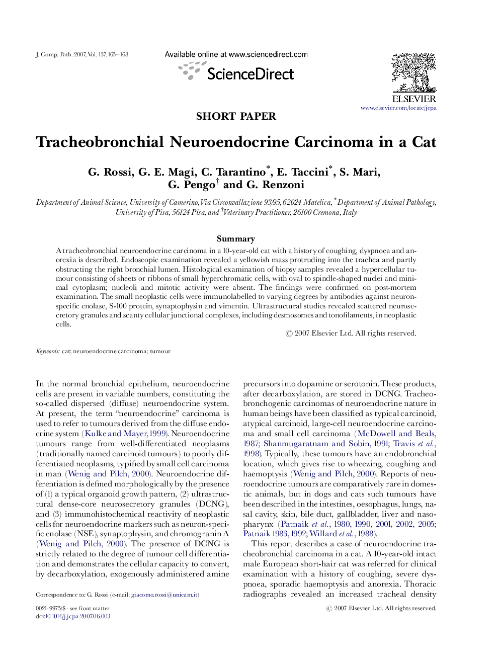 Tracheobronchial Neuroendocrine Carcinoma in a Cat