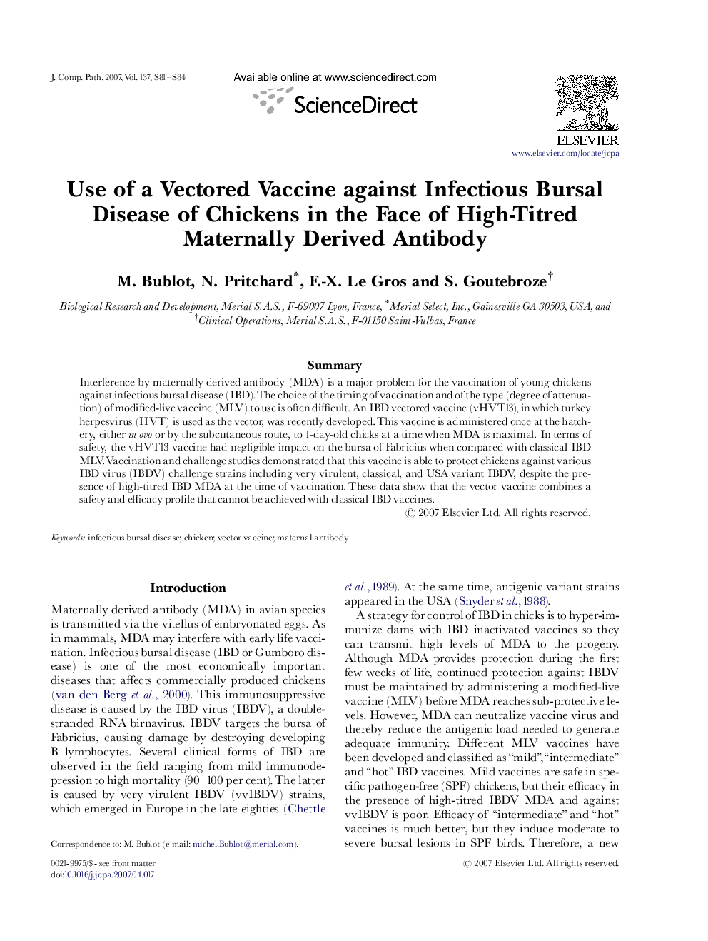 Use of a Vectored Vaccine against Infectious Bursal Disease of Chickens in the Face of High-Titred Maternally Derived Antibody