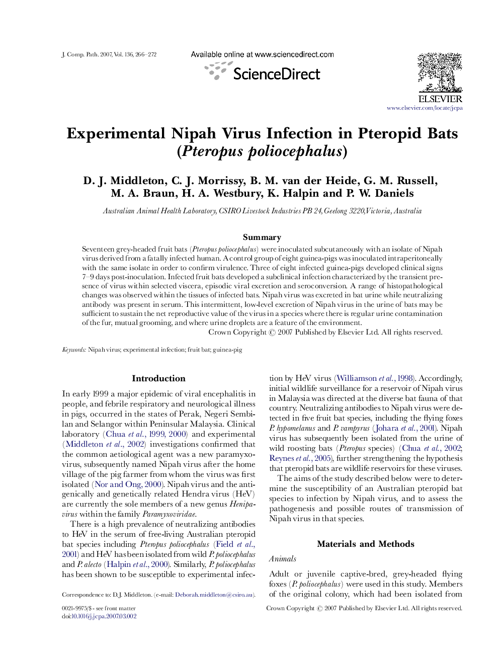 Experimental Nipah Virus Infection in Pteropid Bats (Pteropus poliocephalus)