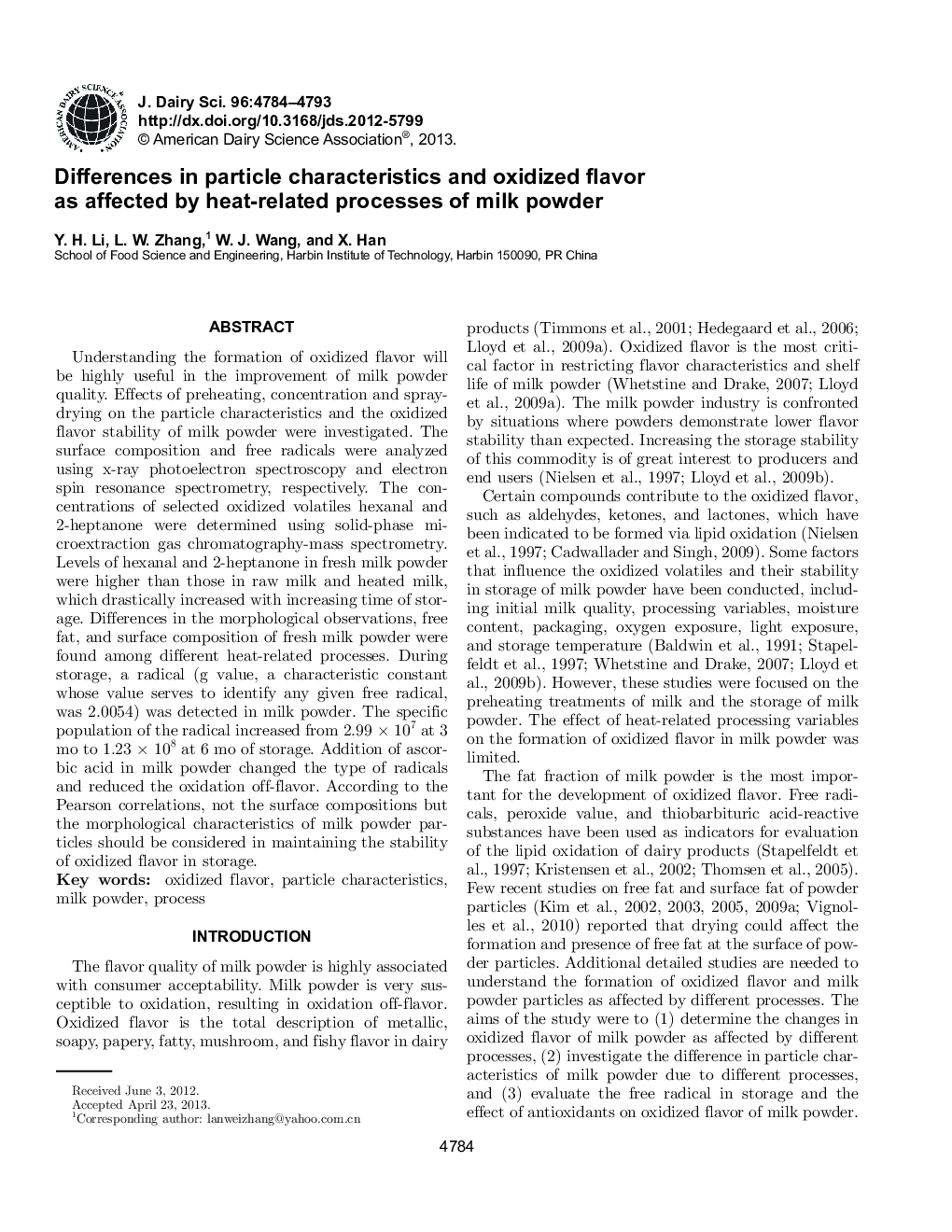 Differences in particle characteristics and oxidized flavor as affected by heat-related processes of milk powder