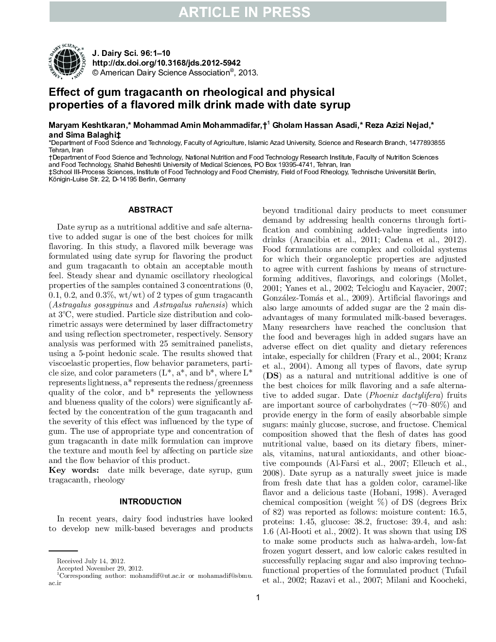 Effect of gum tragacanth on rheological and physical properties of a flavored milk drink made with date syrup