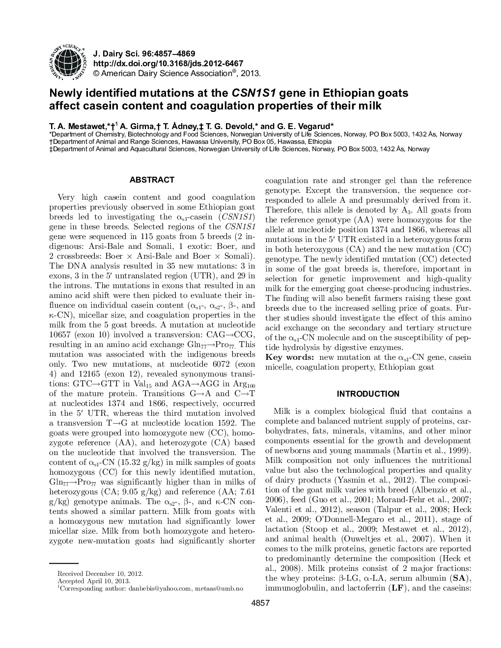 Newly identified mutations at the CSN1S1 gene in Ethiopian goats affect casein content and coagulation properties of their milk