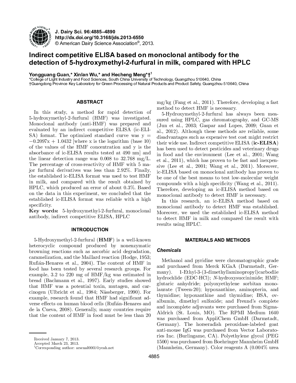 Indirect competitive ELISA based on monoclonal antibody for the detection of 5-hydroxymethyl-2-furfural in milk, compared with HPLC