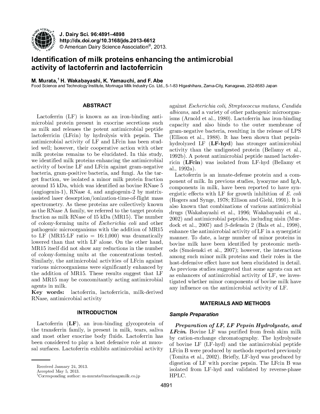 Identification of milk proteins enhancing the antimicrobial activity of lactoferrin and lactoferricin