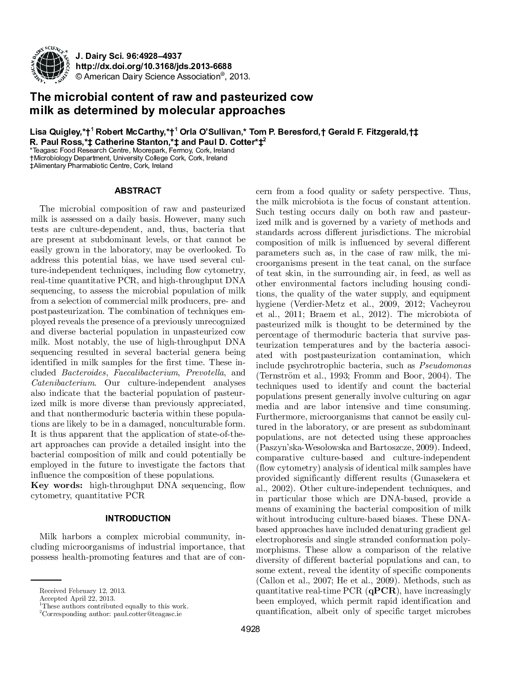 The microbial content of raw and pasteurized cow milk as determined by molecular approaches