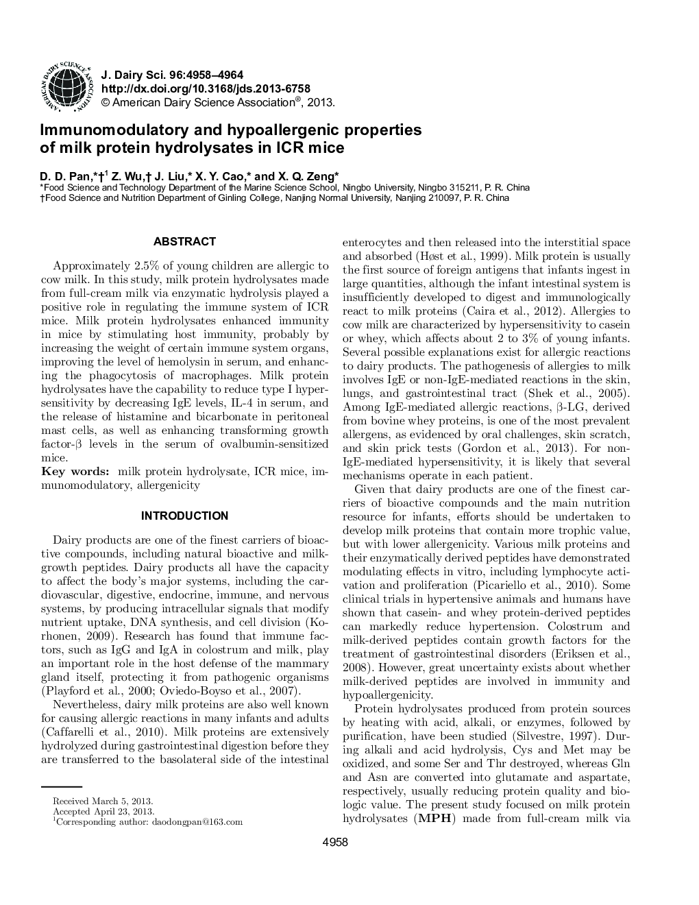 Immunomodulatory and hypoallergenic properties of milk protein hydrolysates in ICR mice
