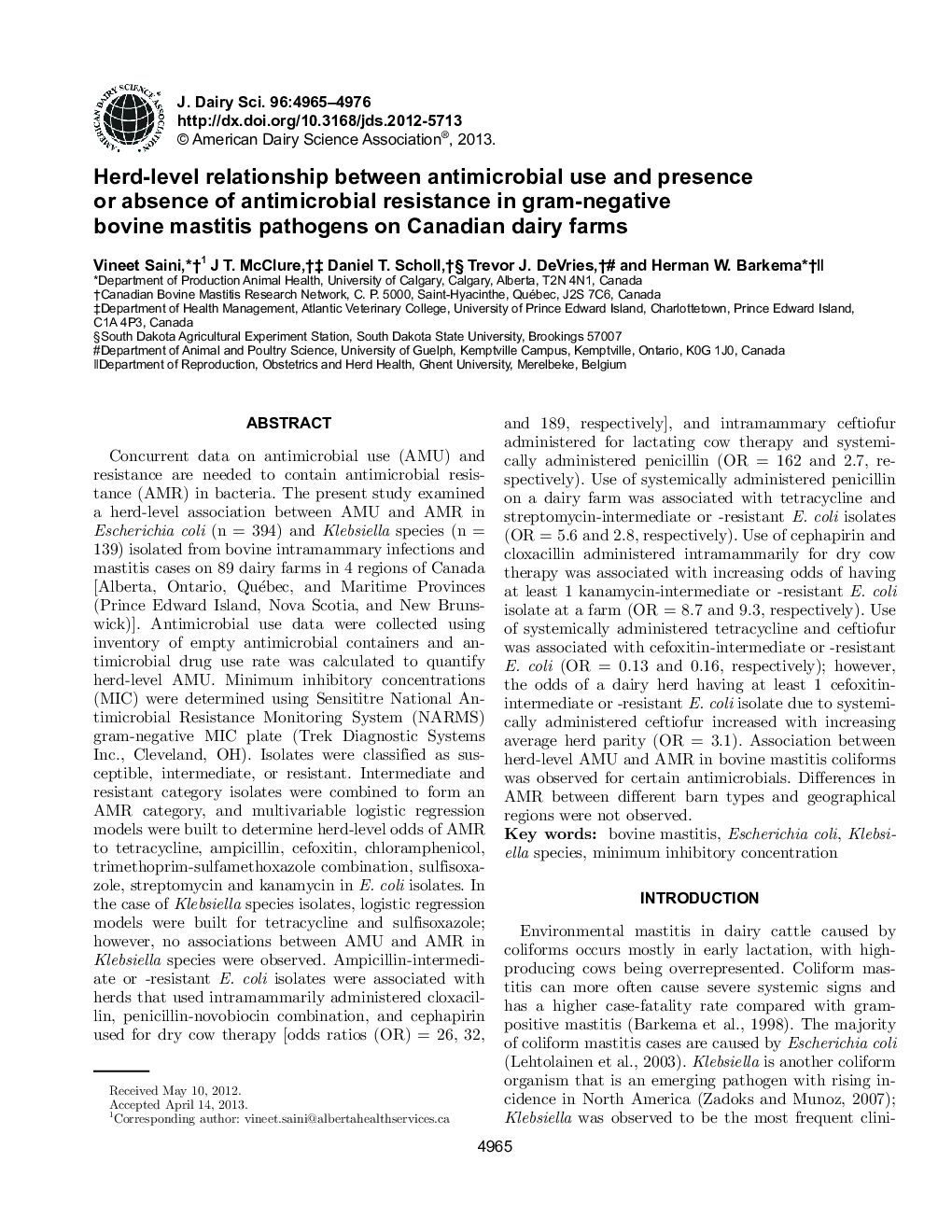 Herd-level relationship between antimicrobial use and presence or absence of antimicrobial resistance in gram-negative bovine mastitis pathogens on Canadian dairy farms