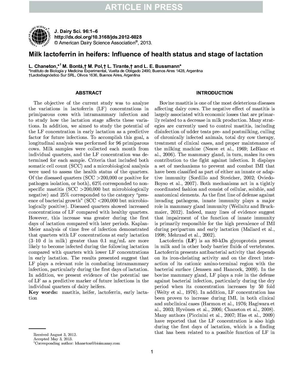 Milk lactoferrin in heifers: Influence of health status and stage of lactation