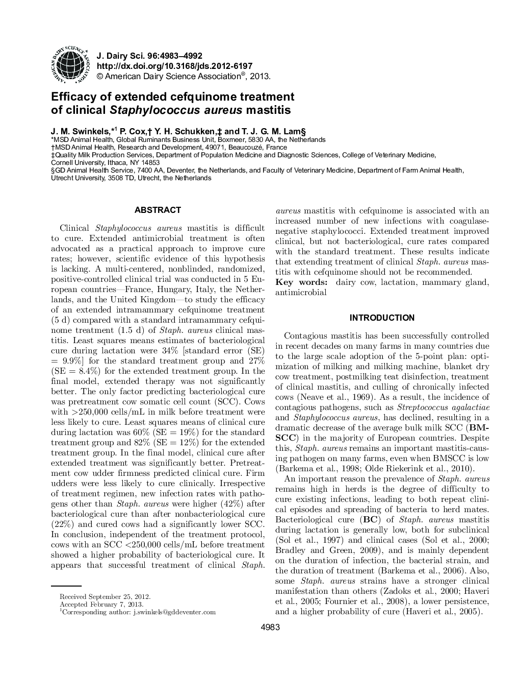 Efficacy of extended cefquinome treatment of clinical Staphylococcus aureus mastitis